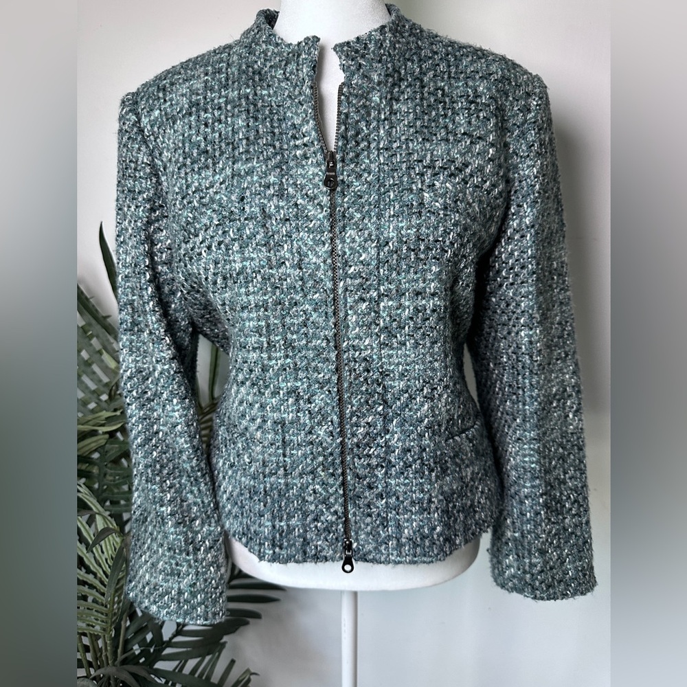 Alfani Petite Teal Blend Wool Career Blazer Zip Front Bolero Jacket size 12P - Picture 1 of 4